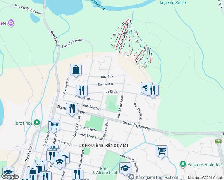 map of restaurants, bars, coffee shops, grocery stores, and more near 3570 Rue Radin in Saguenay
