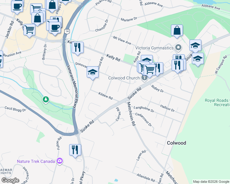 map of restaurants, bars, coffee shops, grocery stores, and more near 3098 Paisley Place in Victoria