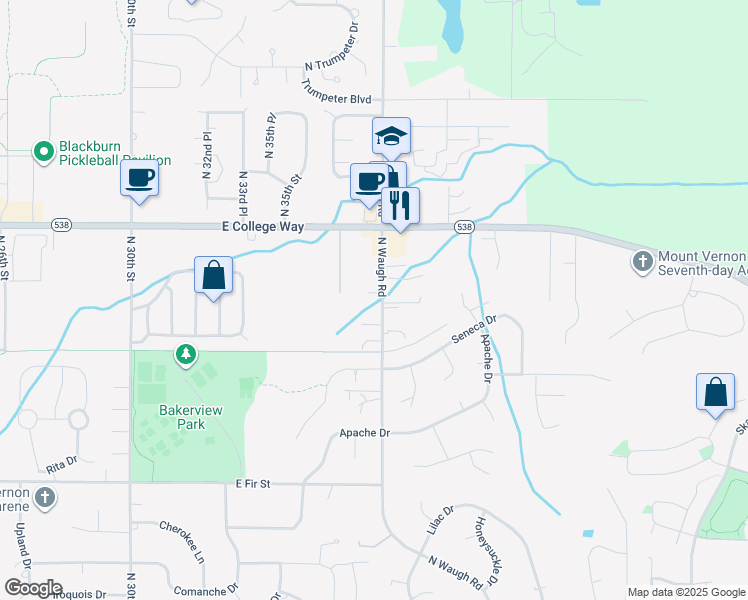 map of restaurants, bars, coffee shops, grocery stores, and more near 1501 North Waugh Road in Mount Vernon