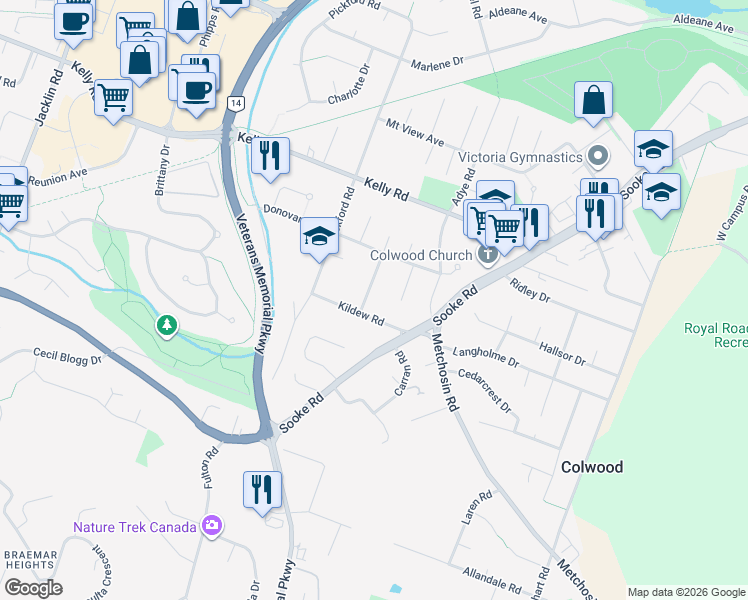 map of restaurants, bars, coffee shops, grocery stores, and more near 3098 Paisley Place in Victoria