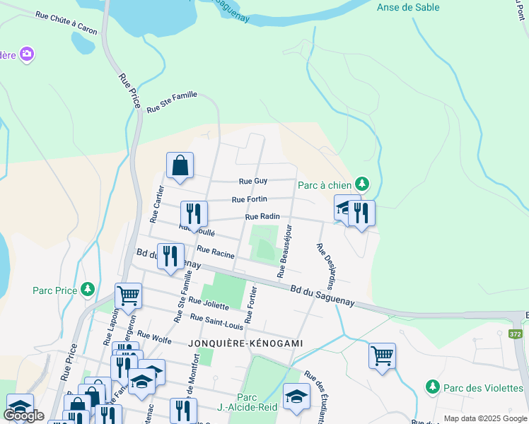 map of restaurants, bars, coffee shops, grocery stores, and more near 3570 Rue Radin in Saguenay