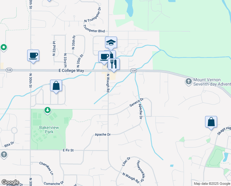 map of restaurants, bars, coffee shops, grocery stores, and more near 1508 North Waugh Road in Mount Vernon