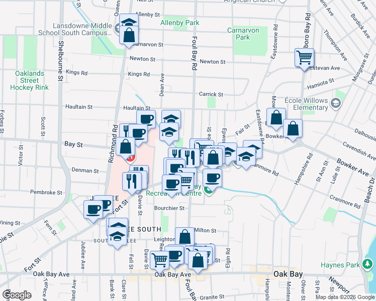 map of restaurants, bars, coffee shops, grocery stores, and more near 2150 Foul Bay Road in Victoria