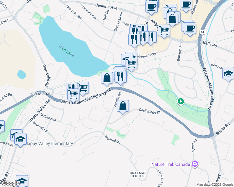 map of restaurants, bars, coffee shops, grocery stores, and more near 3220 Jacklin Road in Victoria