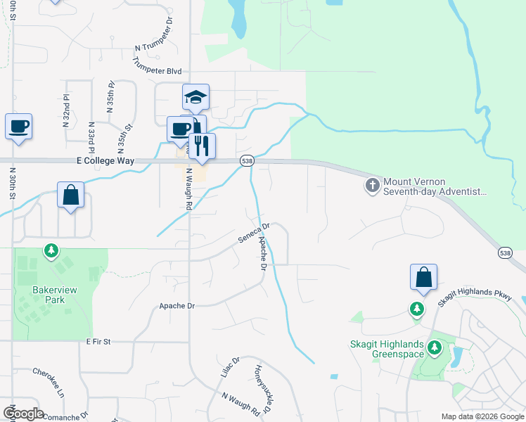 map of restaurants, bars, coffee shops, grocery stores, and more near 4306 Apache Drive in Mount Vernon