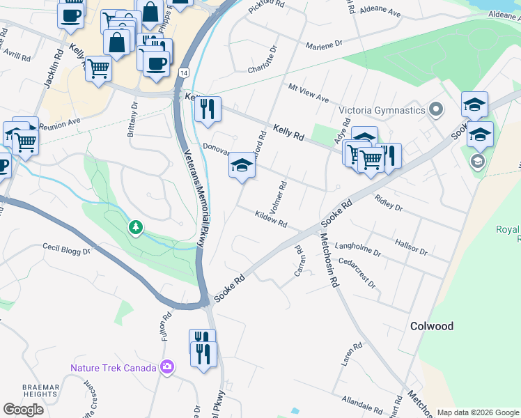 map of restaurants, bars, coffee shops, grocery stores, and more near 624 Kildew Road in Victoria