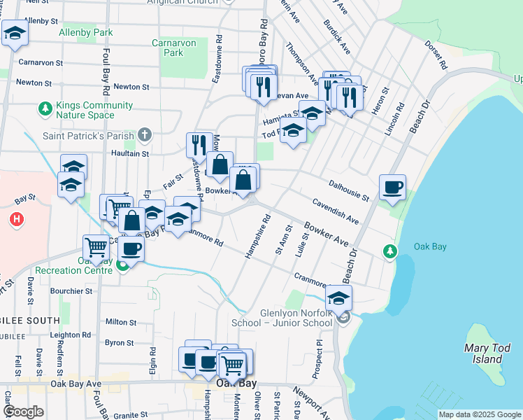 map of restaurants, bars, coffee shops, grocery stores, and more near 2363 Bowker Avenue in Victoria
