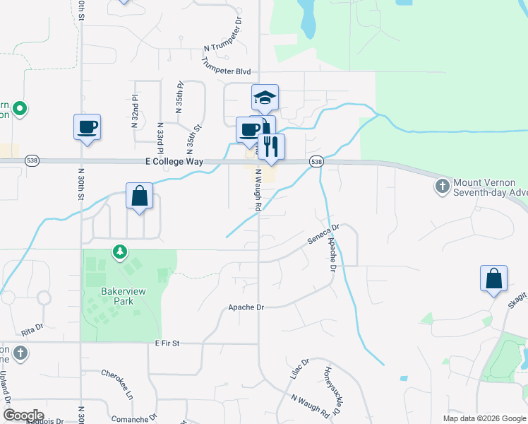 map of restaurants, bars, coffee shops, grocery stores, and more near 1506 North Waugh Road in Mount Vernon