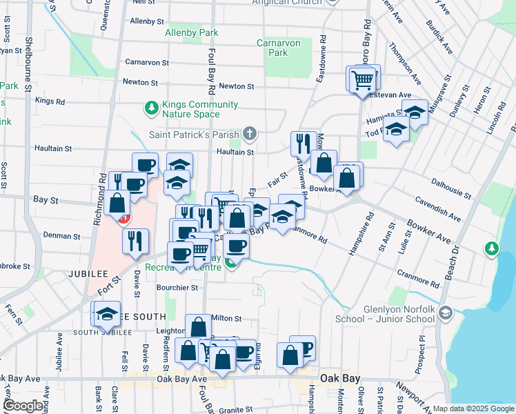 map of restaurants, bars, coffee shops, grocery stores, and more near 2235 Epworth Street in Victoria