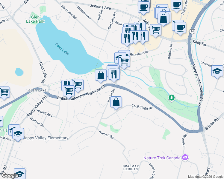 map of restaurants, bars, coffee shops, grocery stores, and more near 3220 Jacklin Road in Victoria
