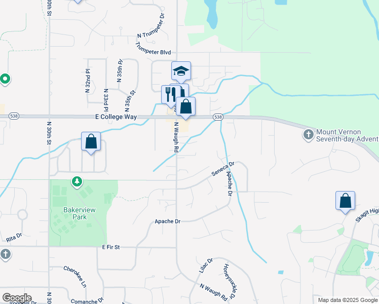 map of restaurants, bars, coffee shops, grocery stores, and more near 1508 North Waugh Road in Mount Vernon