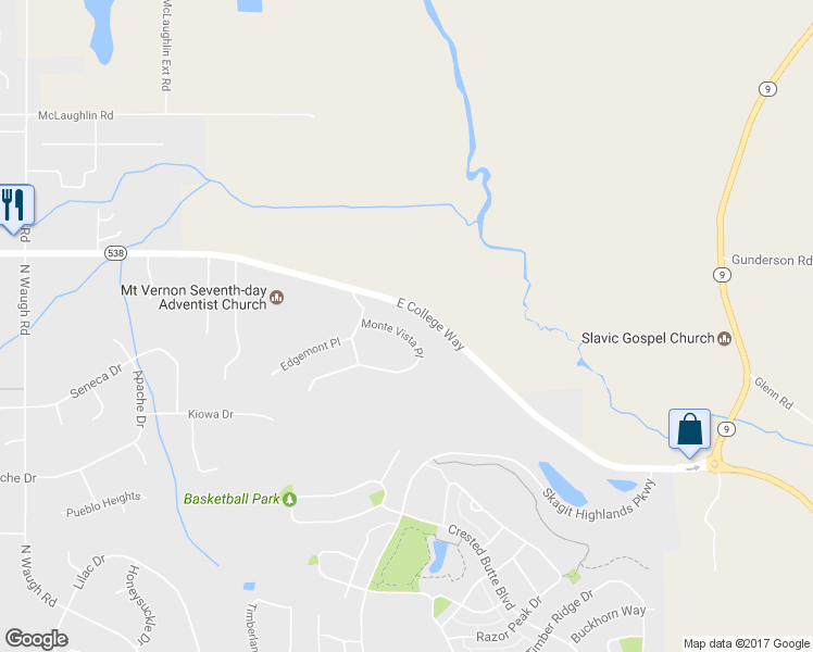 map of restaurants, bars, coffee shops, grocery stores, and more near 4920 Monte Vista Place in Mount Vernon