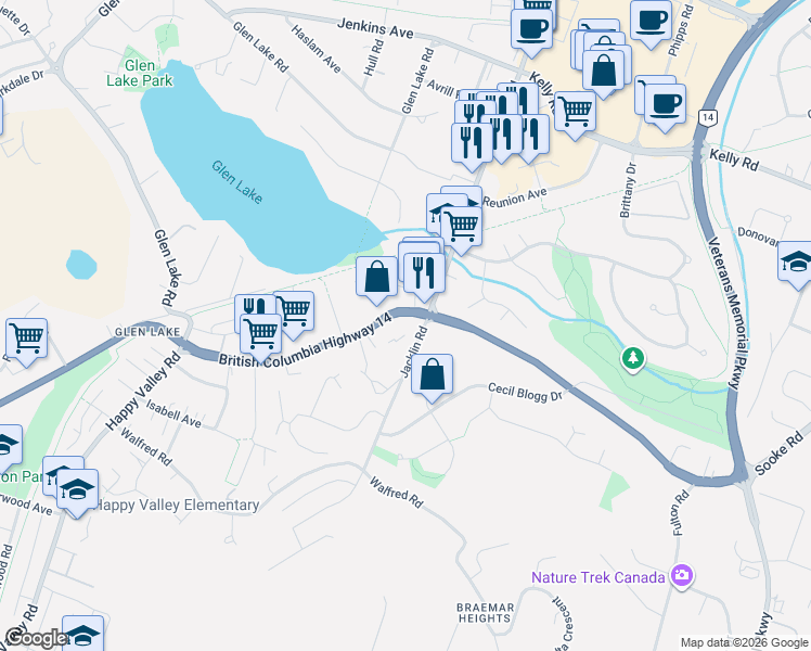 map of restaurants, bars, coffee shops, grocery stores, and more near 3220 Jacklin Road in Victoria