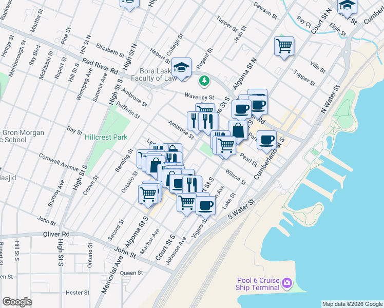 map of restaurants, bars, coffee shops, grocery stores, and more near 101 Algoma Street South in Thunder Bay