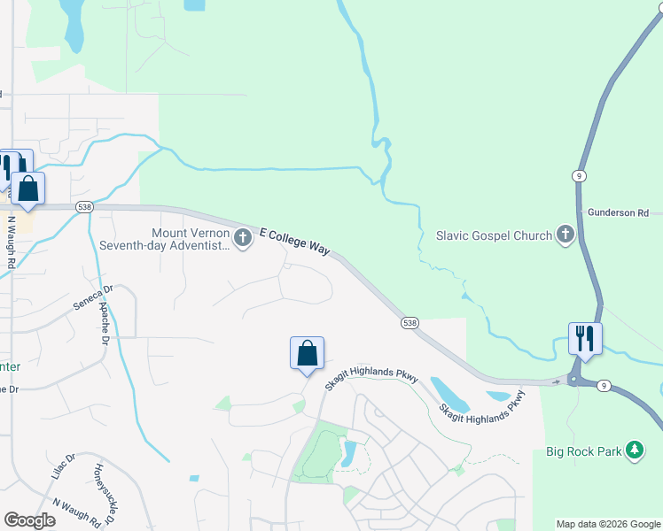 map of restaurants, bars, coffee shops, grocery stores, and more near 4920 Monte Vista Place in Mount Vernon