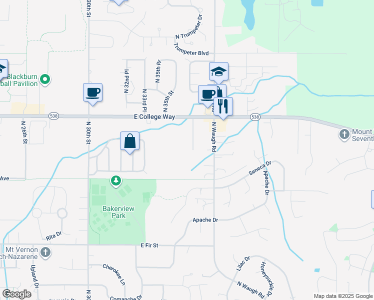map of restaurants, bars, coffee shops, grocery stores, and more near 3656 East College Way in Mount Vernon