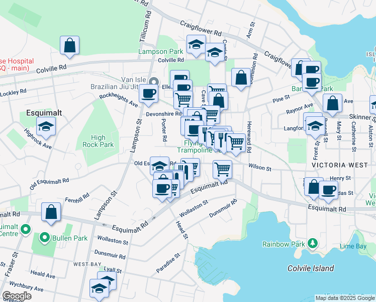 map of restaurants, bars, coffee shops, grocery stores, and more near 905 Shearwater Street in Victoria