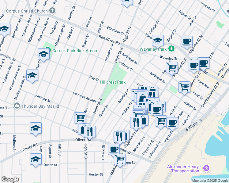 map of restaurants, bars, coffee shops, grocery stores, and more near 4 Crown Street in Thunder Bay