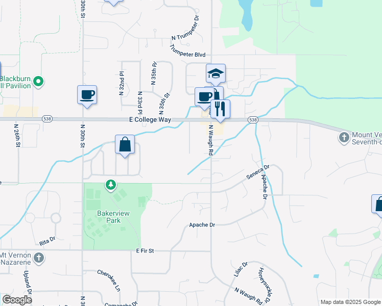 map of restaurants, bars, coffee shops, grocery stores, and more near 3656 East College Way in Mount Vernon