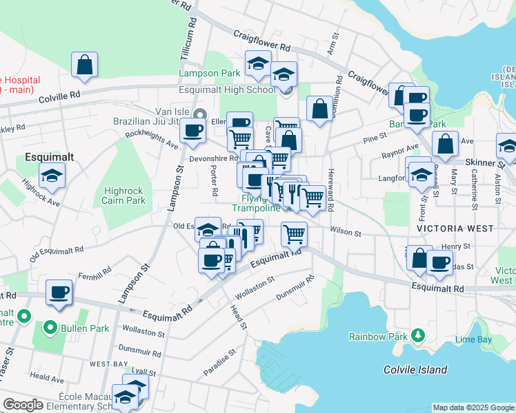 map of restaurants, bars, coffee shops, grocery stores, and more near 905 Shearwater Street in Victoria