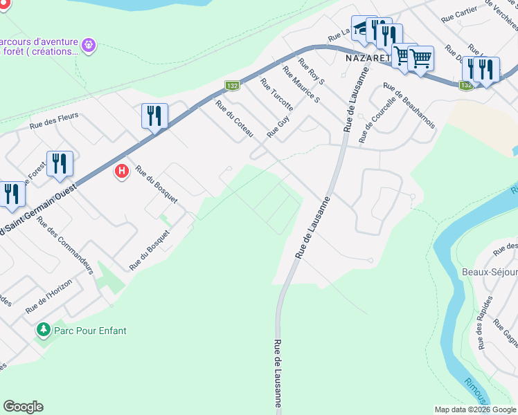 map of restaurants, bars, coffee shops, grocery stores, and more near Rue Madeleine-Bélair in Rimouski