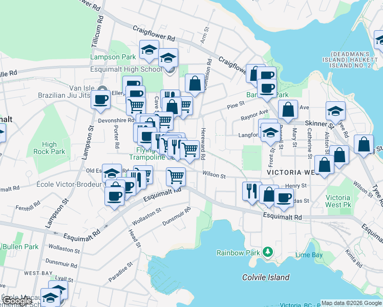 map of restaurants, bars, coffee shops, grocery stores, and more near 808 Viewfield Road in Victoria