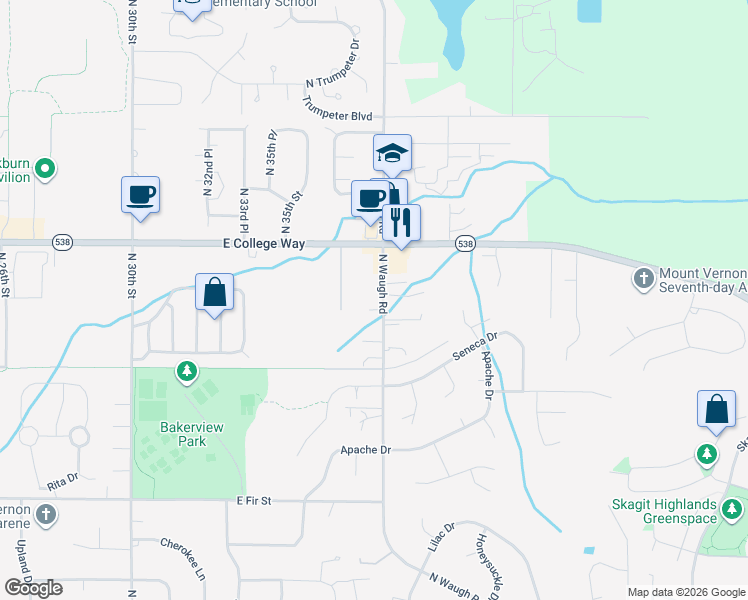 map of restaurants, bars, coffee shops, grocery stores, and more near 1501 North Waugh Road in Mount Vernon