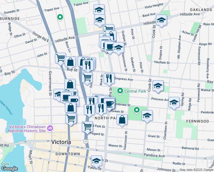 map of restaurants, bars, coffee shops, grocery stores, and more near 864 Queens Avenue in Victoria