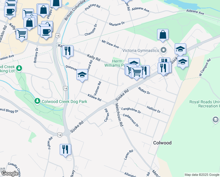 map of restaurants, bars, coffee shops, grocery stores, and more near 3091 Paisley Place in Victoria