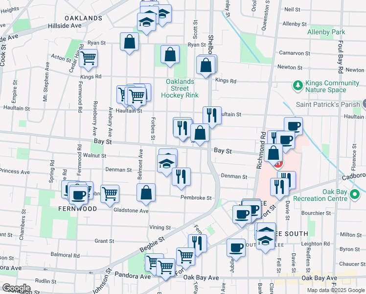 map of restaurants, bars, coffee shops, grocery stores, and more near Bay Street in Victoria