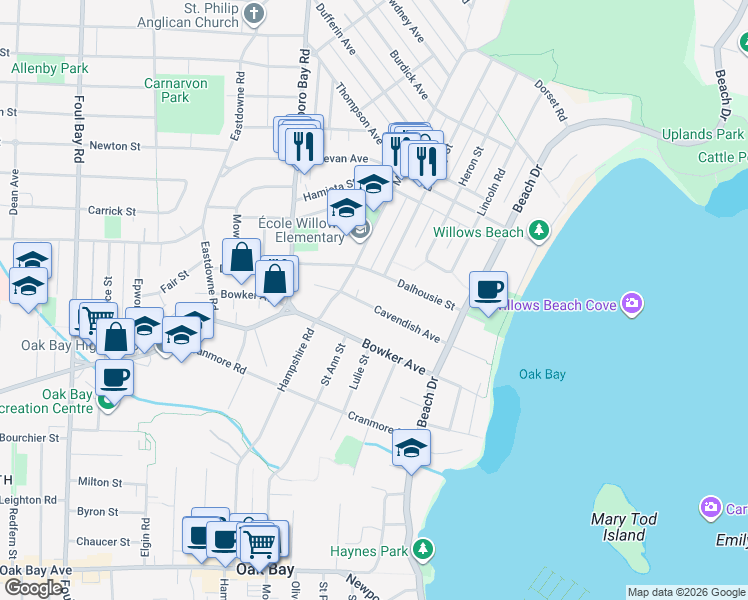 map of restaurants, bars, coffee shops, grocery stores, and more near 2550 Cavendish Avenue in Victoria