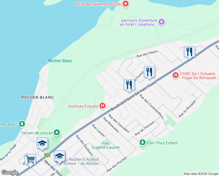 map of restaurants, bars, coffee shops, grocery stores, and more near 729 Rue Forest in Rimouski