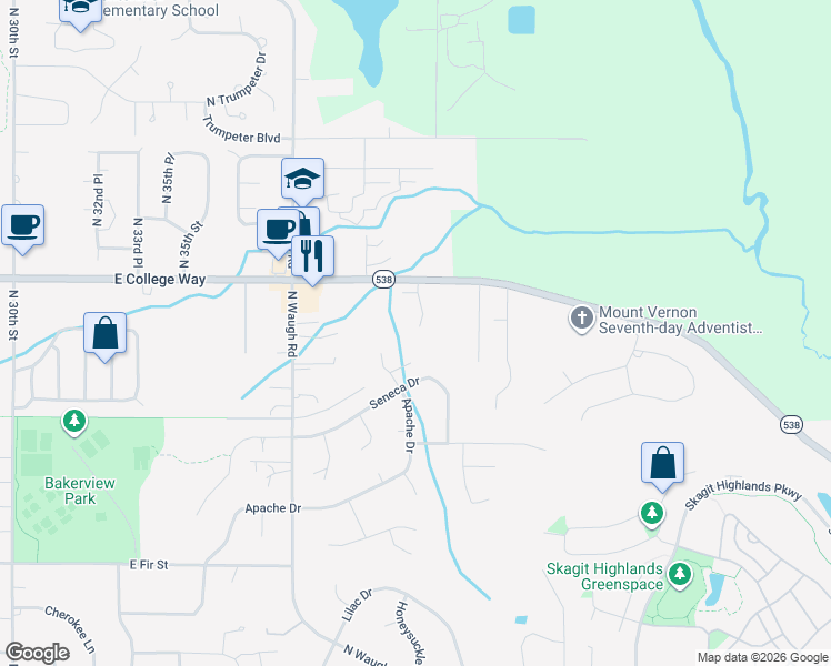 map of restaurants, bars, coffee shops, grocery stores, and more near 4306 Apache Drive in Mount Vernon