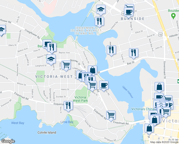 map of restaurants, bars, coffee shops, grocery stores, and more near 100 Tyee Road in Victoria