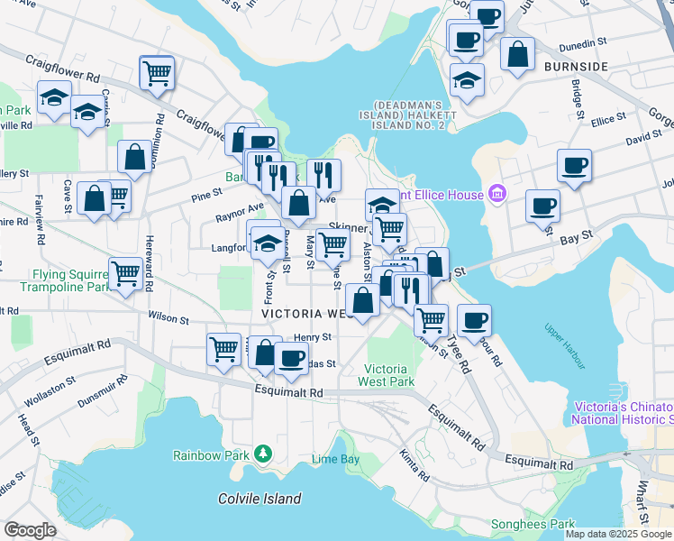 map of restaurants, bars, coffee shops, grocery stores, and more near Bella Street in Victoria