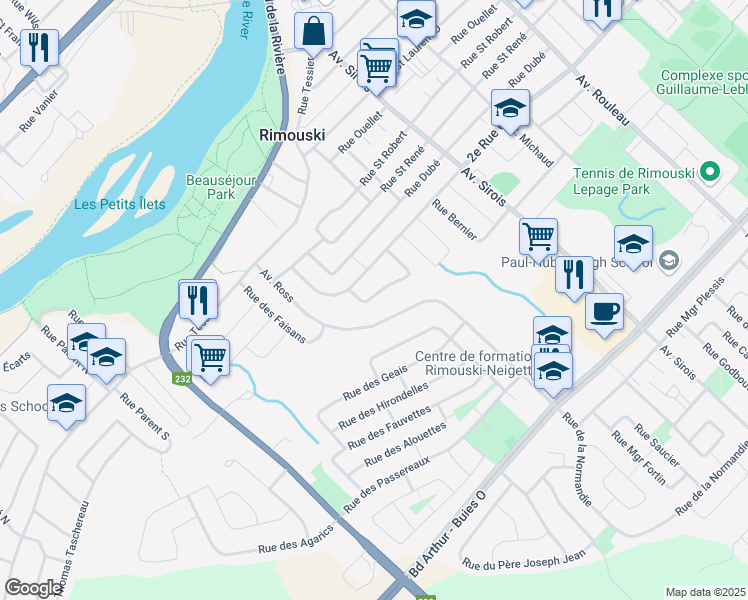map of restaurants, bars, coffee shops, grocery stores, and more near 399 Rue Pierre d'Anjou in Rimouski