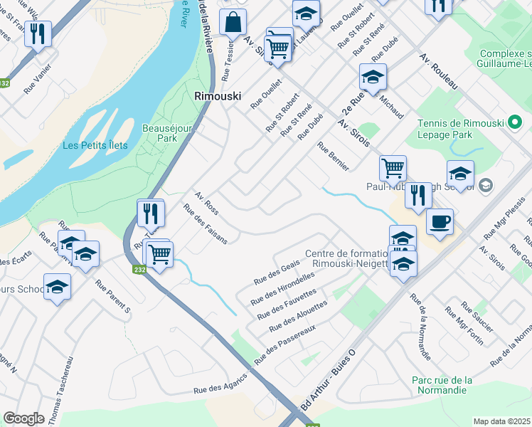 map of restaurants, bars, coffee shops, grocery stores, and more near 403 Rue Pierre d'Anjou in Rimouski
