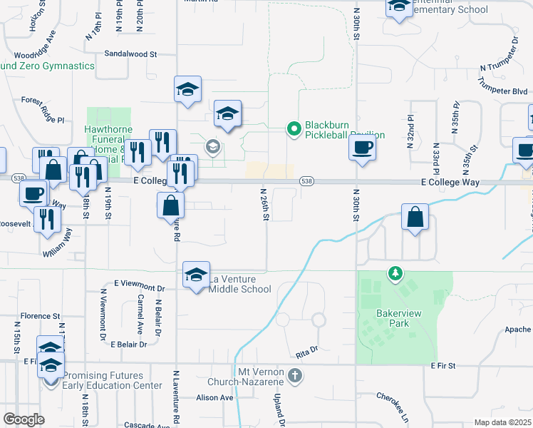 map of restaurants, bars, coffee shops, grocery stores, and more near 1617 North 26th Street in Mount Vernon