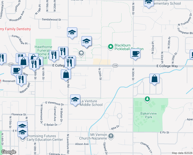 map of restaurants, bars, coffee shops, grocery stores, and more near 1617 North 26th Street in Mount Vernon