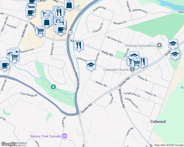 map of restaurants, bars, coffee shops, grocery stores, and more near 3046 Pickford Road in Victoria