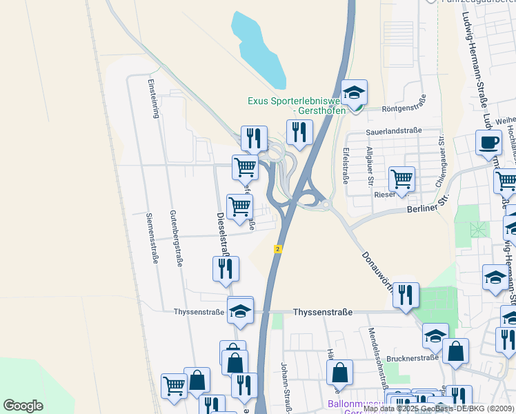 map of restaurants, bars, coffee shops, grocery stores, and more near 17A Senefelderstraße in Gersthofen