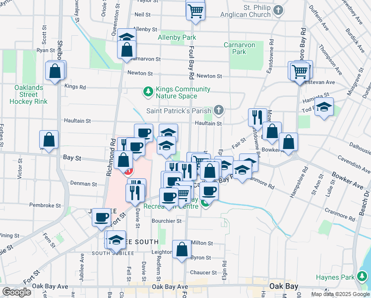 map of restaurants, bars, coffee shops, grocery stores, and more near 2350 Foul Bay Road in Victoria