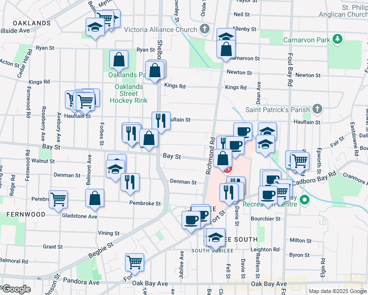 map of restaurants, bars, coffee shops, grocery stores, and more near 1747 Emerson Street in Victoria