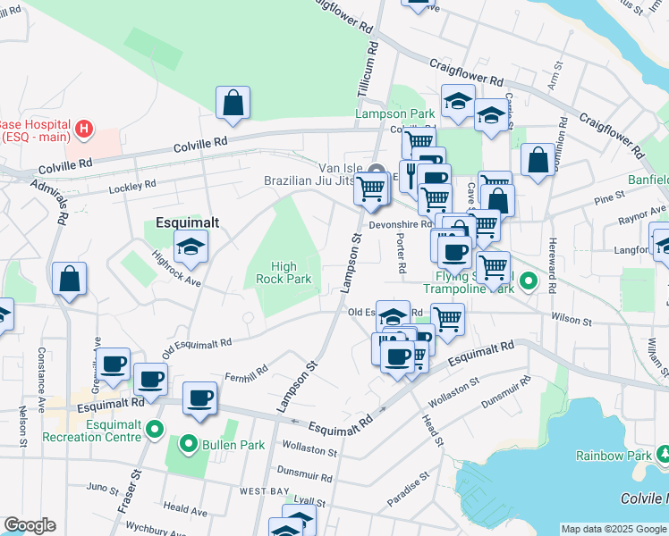 map of restaurants, bars, coffee shops, grocery stores, and more near 734 Lampson Street in Victoria