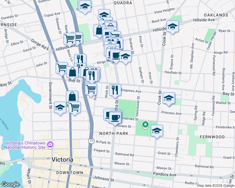 map of restaurants, bars, coffee shops, grocery stores, and more near Quadra Street in Victoria