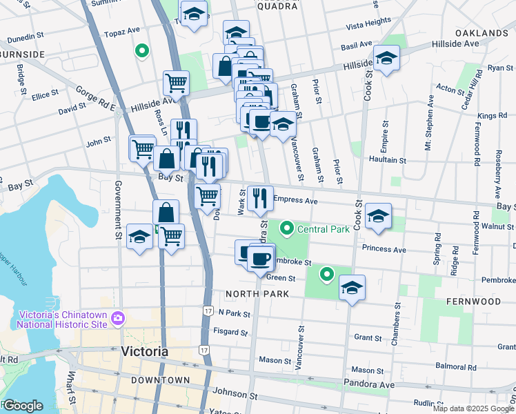 map of restaurants, bars, coffee shops, grocery stores, and more near 2310 Quadra Street in Victoria