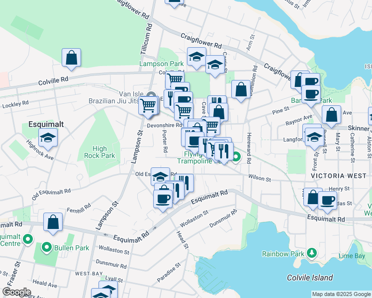 map of restaurants, bars, coffee shops, grocery stores, and more near 754A Fairview Road in Victoria