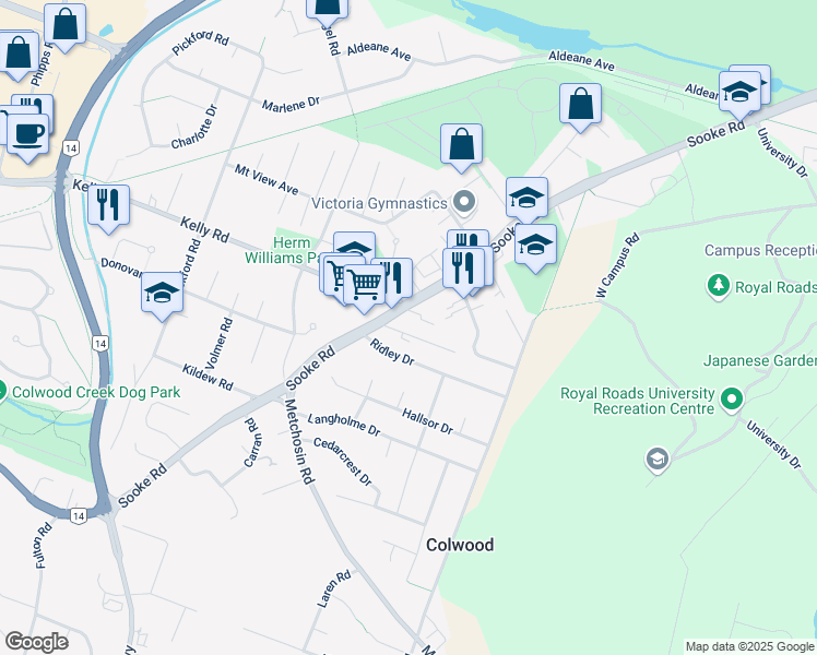 map of restaurants, bars, coffee shops, grocery stores, and more near 592 Heatherly Road in Victoria