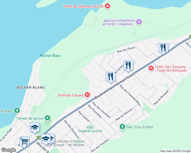 map of restaurants, bars, coffee shops, grocery stores, and more near 729 Rue Forest in Rimouski