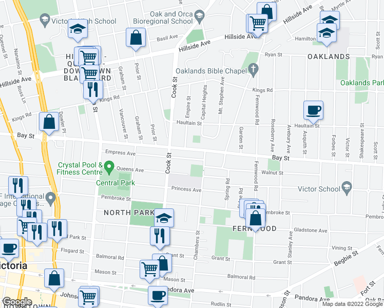 map of restaurants, bars, coffee shops, grocery stores, and more near 2502 Empire Street in Victoria